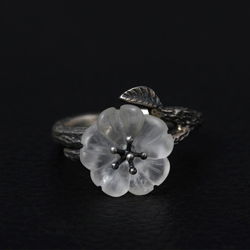 Buddha Stones 925 Sterling Silver White Crystal Skeleton Flower Adjustable Healing Ring - Retro Style(Inner Diameter 17.5mm) - image 9
