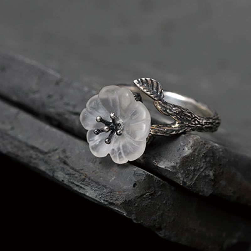 Buddha Stones 925 Sterling Silver White Crystal Skeleton Flower Adjustable Healing Ring - image 10