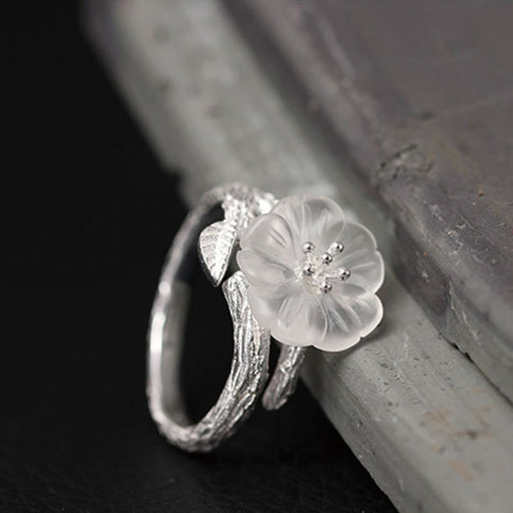 Buddha Stones 925 Sterling Silver White Crystal Skeleton Flower Adjustable Healing Ring - image 3