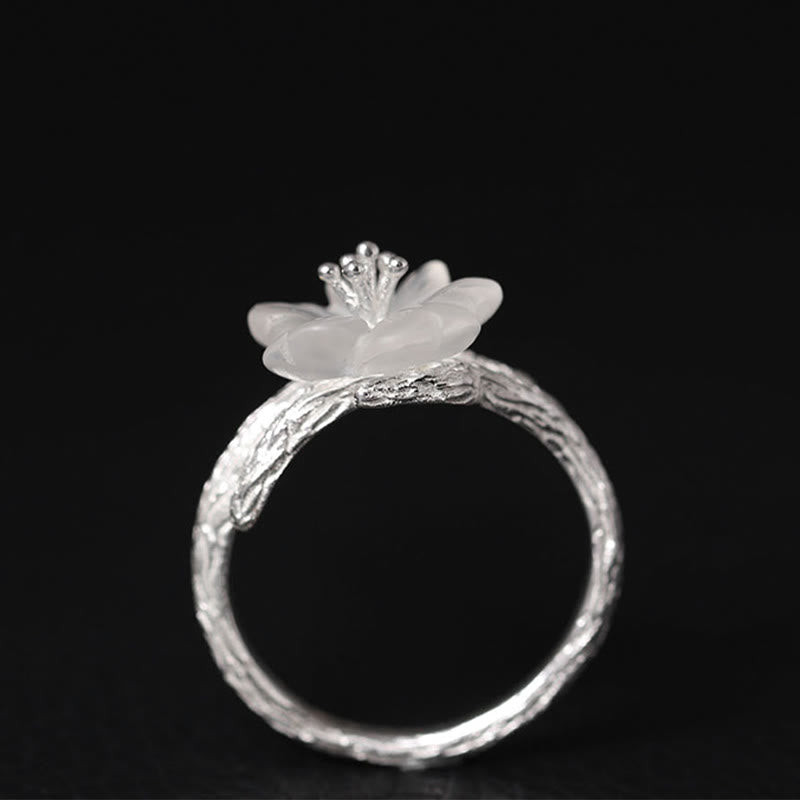 Buddha Stones 925 Sterling Silver White Crystal Skeleton Flower Adjustable Healing Ring - image 5