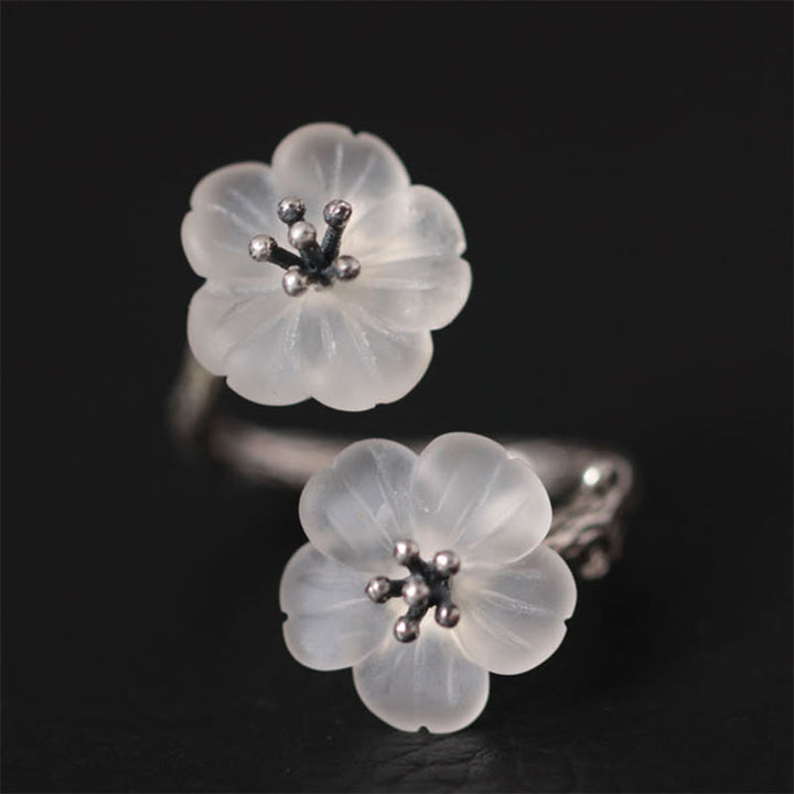 Buddha Stones 925 Sterling Silver White Crystal Double Plum Blossom Flower Adjustable Protection Ring - Retro Style(Inner Diameter 16.4-17.8mm) - image 6