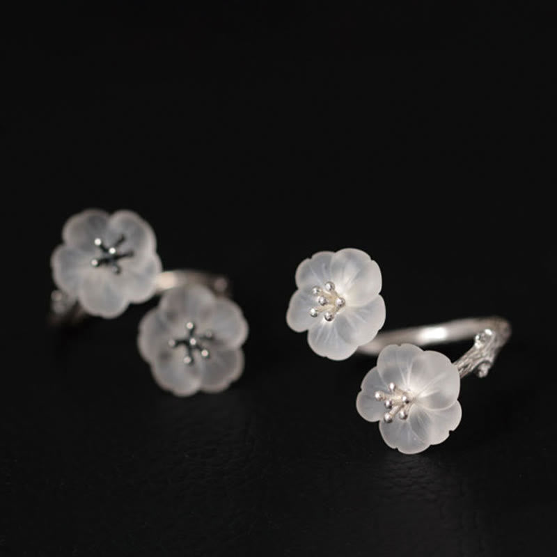 Buddha Stones 925 Sterling Silver White Crystal Double Plum Blossom Flower Adjustable Protection Ring - image 1