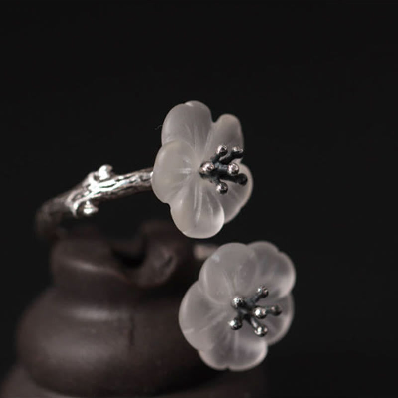 Buddha Stones 925 Sterling Silver White Crystal Double Plum Blossom Flower Adjustable Protection Ring - image 12