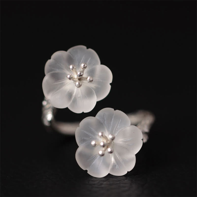 Buddha Stones 925 Sterling Silver White Crystal Double Plum Blossom Flower Adjustable Protection Ring - image 2