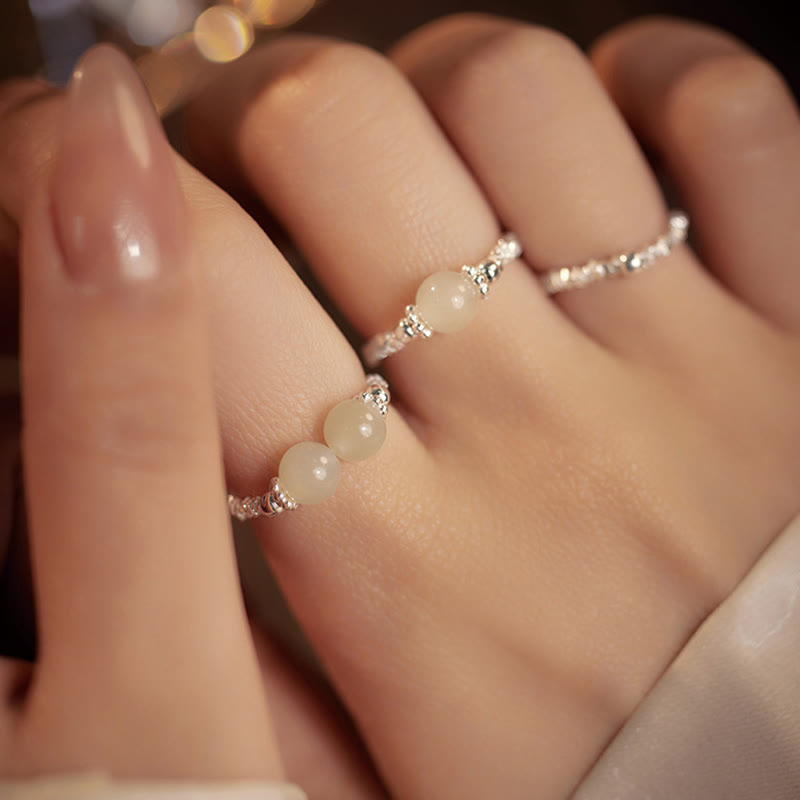 Buddha Stones 925 Sterling Silver Natural Small Hetian Jade Bead Luck Elastic Ring - image 12