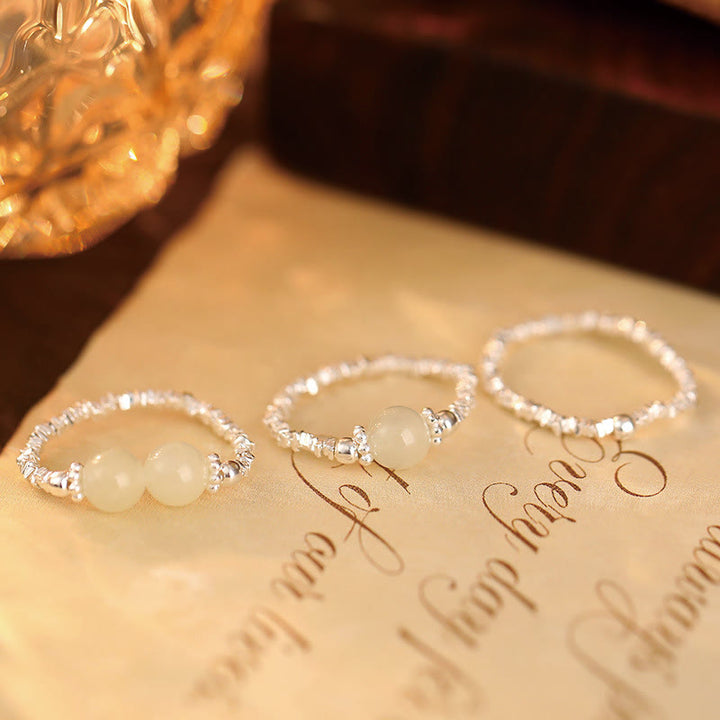 Buddha Stones 925 Sterling Silver Natural Small Hetian Jade Bead Luck Elastic Ring - image 15