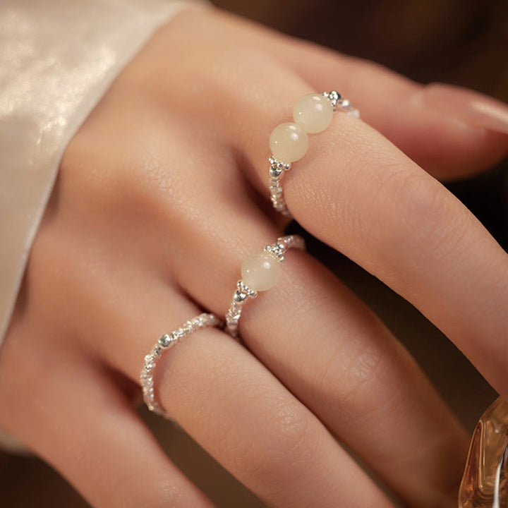 Buddha Stones 925 Sterling Silver Natural Small Hetian Jade Bead Luck Elastic Ring - image 14