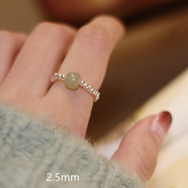 Buddha Stones 925 Sterling Silver Natural Small Hetian Jade Red Agate Pearl Bead Prosperity Elastic Ring - Silver(Elastic String) - image 1