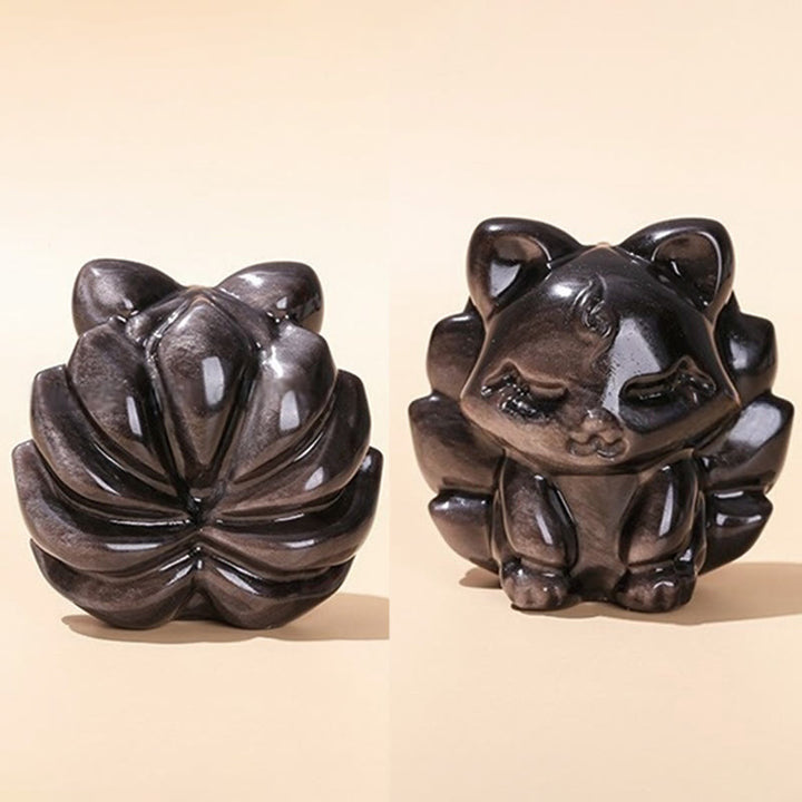 Buddha Stones Natural Silver Sheen Obsidian Nine Tailed Fox Protection Home Decoration