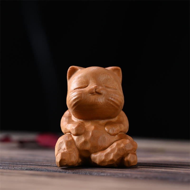 Buddha Stones Mini Cute Sitting Cat Sandalwood Protection Home Decoration - Golden Sandalwood Cat 5.3*4.8*4.3cm - image 1