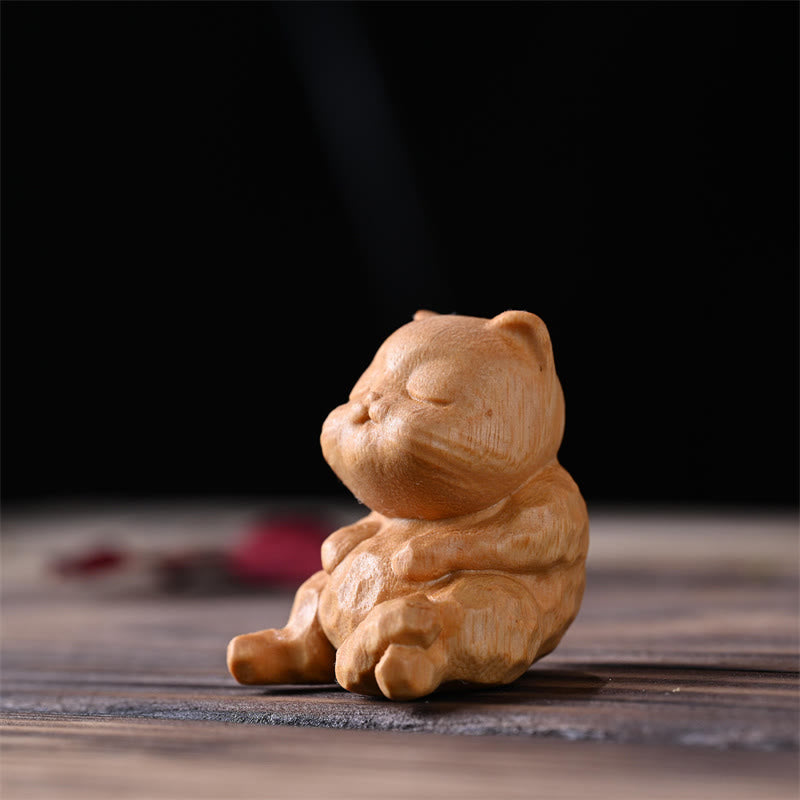 Buddha Stones Mini Cute Sitting Cat Sandalwood Protection Home Decoration - Golden Sandalwood Cat 4.6*4*3.6cm - image 2