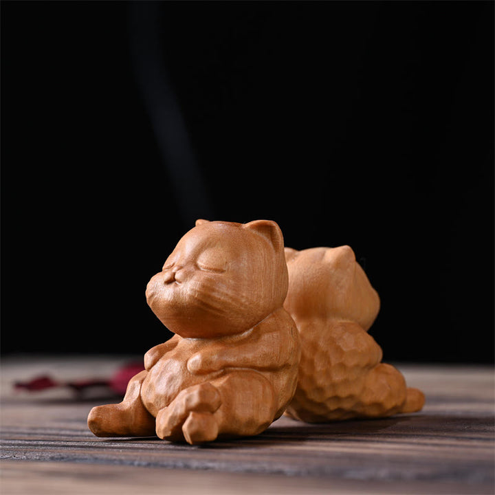 Buddha Stones Mini Cute Sitting Cat Sandalwood Protection Home Decoration