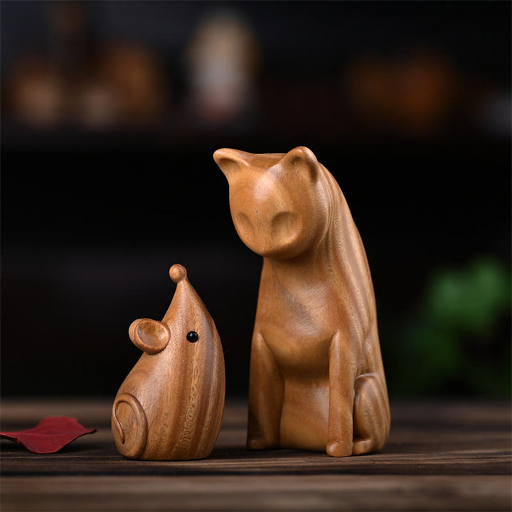 Buddha Stones Small Cat Mouse Green Sandalwood African Red Rosewood Peace Home Decoration - Green Sandalwood Cat And Mouse 9*4*4cm - image 0