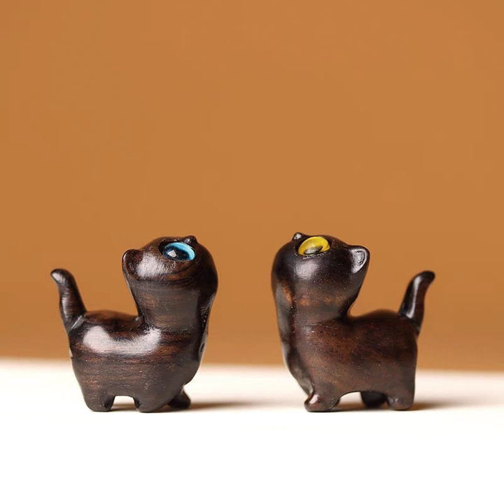 Buddha Stones Green Sandalwood Ebony Wood Sandalwood Small Leaf Red Sandalwood Mini Lucky Cat Peace Decoration - 2Pcs Ebony Wood Cats - image 31