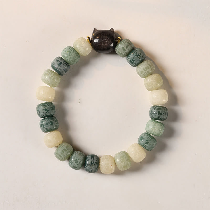 Buddha Stones Bodhi Seed Om Mani Padme Hum Carved Silver Sheen Obsidian Cat Head Wisdom Bracelet - 8*10mm Green Bodhi Seed(Wrist Circumference 14-16cm) - image 10