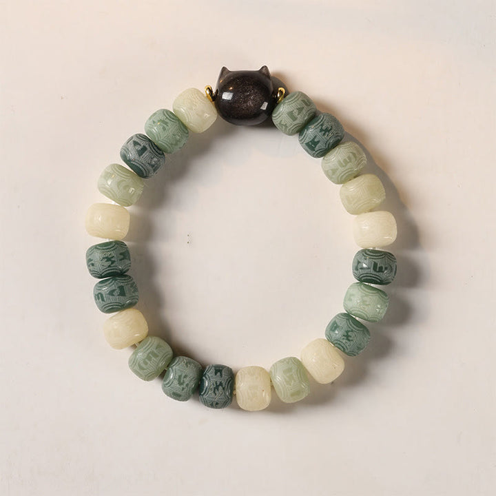 Buddha Stones Bodhi Seed Om Mani Padme Hum Carved Silver Sheen Obsidian Cat Head Wisdom Bracelet - 8*10mm Green Bodhi Seed(Wrist Circumference 14-16cm) - image 10