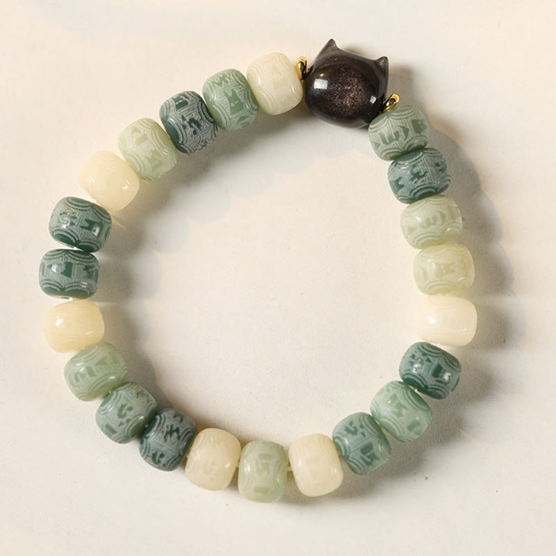 Buddha Stones Bodhi Seed Om Mani Padme Hum Carved Silver Sheen Obsidian Cat Head Wisdom Bracelet - image 13