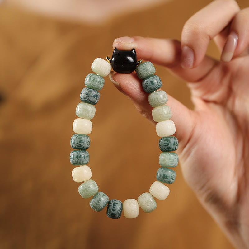 Buddha Stones Bodhi Seed Om Mani Padme Hum Carved Silver Sheen Obsidian Cat Head Wisdom Bracelet - image 12