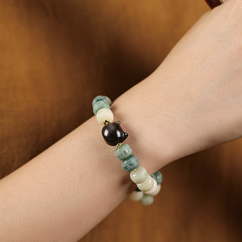 Buddha Stones Bodhi Seed Om Mani Padme Hum Carved Silver Sheen Obsidian Cat Head Wisdom Bracelet - image 14