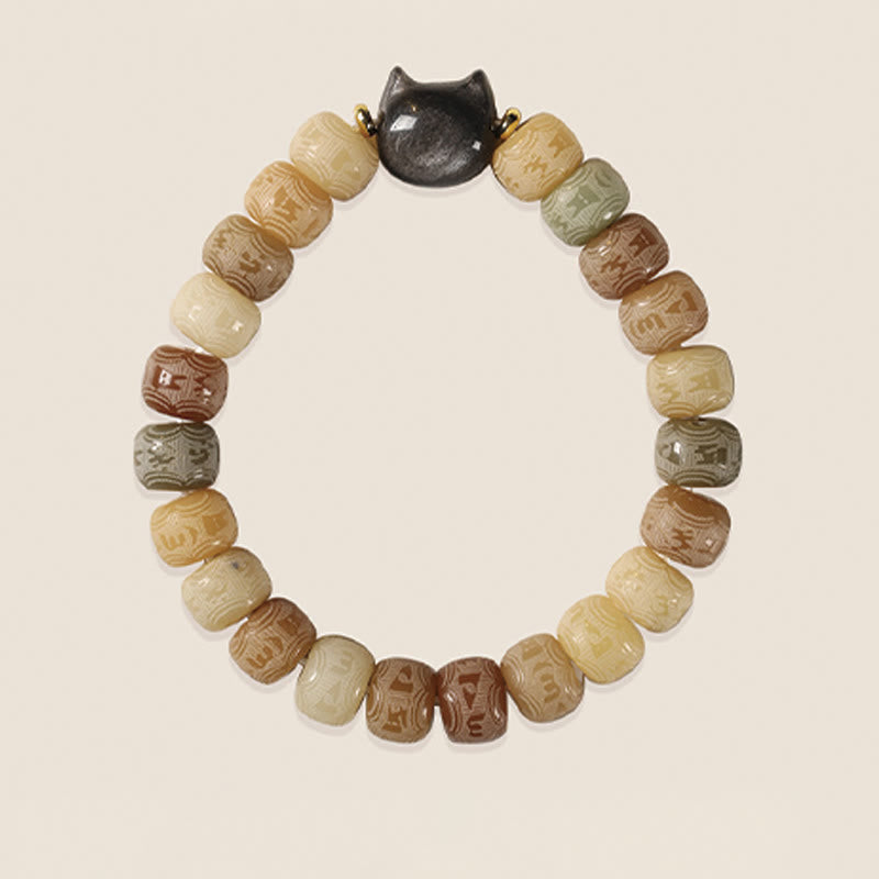 Buddha Stones Bodhi Seed Om Mani Padme Hum Carved Silver Sheen Obsidian Cat Head Wisdom Bracelet - image 4