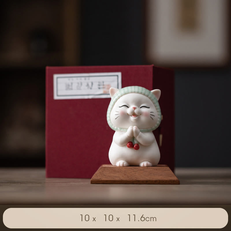 Buddha Stones Lucky Cute Cat In Scarf Ceramic Figurine Decoration - Cat+Wooden Base(Gift Box) - image 22