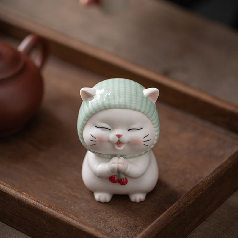 Buddha Stones Lucky Cute Cat In Scarf Ceramic Figurine Decoration - image 1