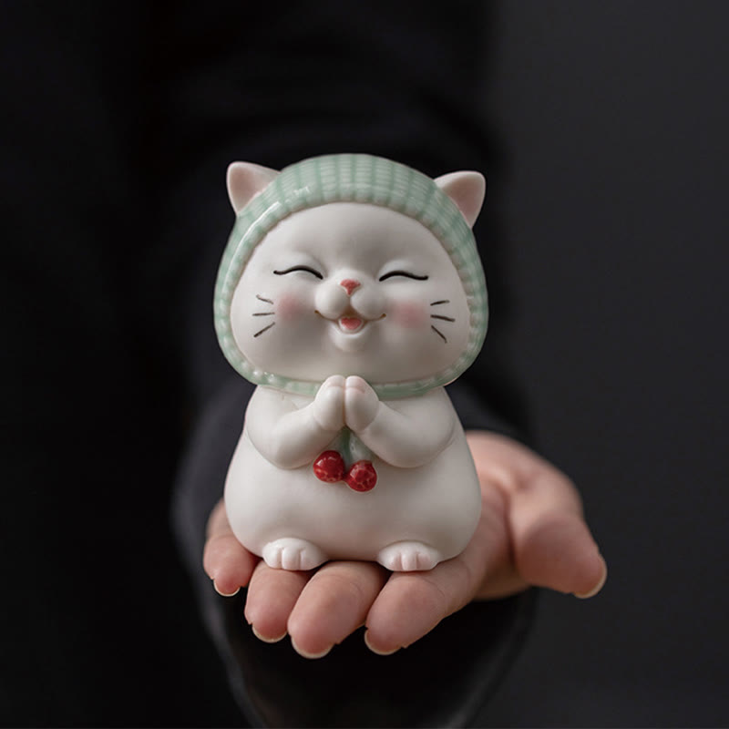 Buddha Stones Lucky Cute Cat In Scarf Ceramic Figurine Decoration - Cat 5.7*6.4*9.1cm - image 0