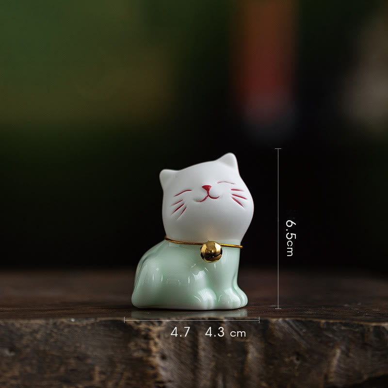 Buddha Stones Mini Lucky Cute Cat Light Green White Ceramic Figurine Decoration - Cat 4.7*4.3*6.5cm - image 2
