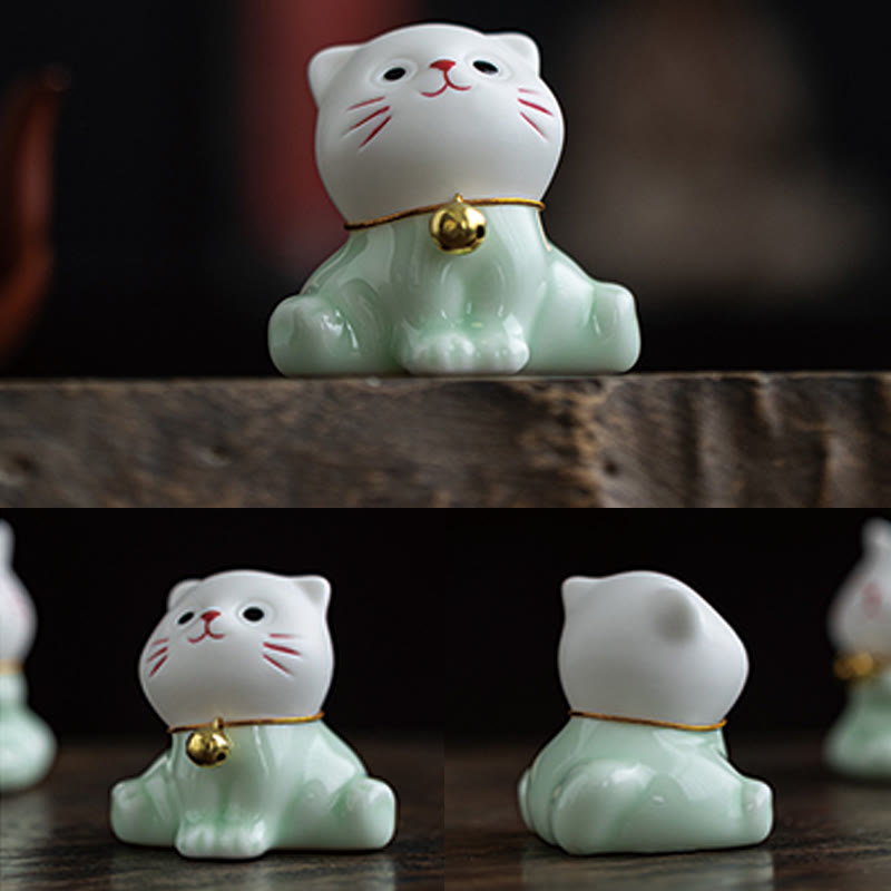 Buddha Stones Mini Lucky Cute Cat Light Green White Ceramic Figurine Decoration - image 10