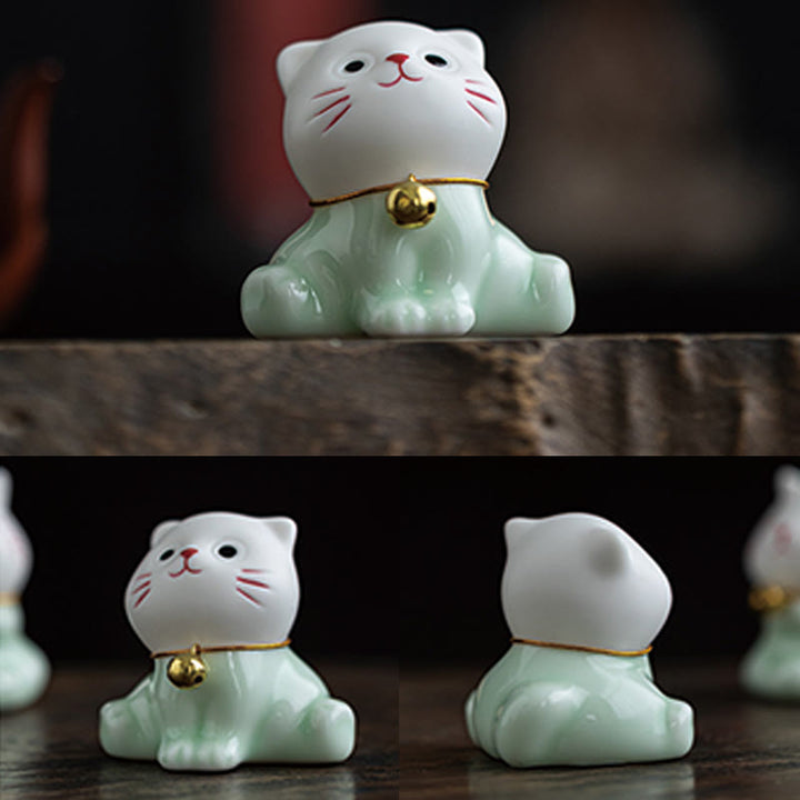 Buddha Stones Mini Lucky Cute Cat Light Green White Ceramic Figurine Decoration - image 10
