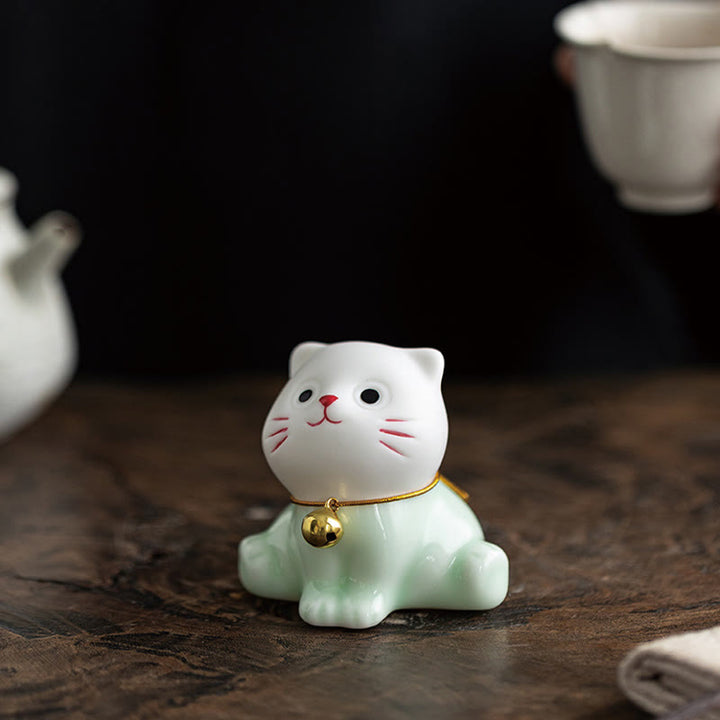 Buddha Stones Mini Lucky Cute Cat Light Green White Ceramic Figurine Decoration - image 7