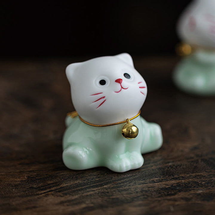 Buddha Stones Mini Lucky Cute Cat Light Green White Ceramic Figurine Decoration - image 5