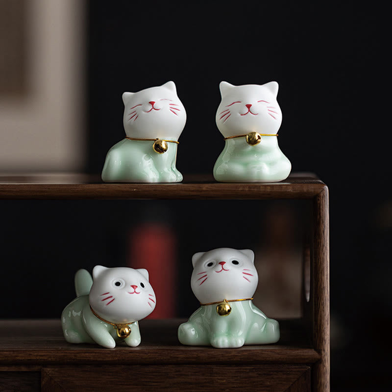 Buddha Stones Mini Lucky Cute Cat Light Green White Ceramic Figurine Decoration - image 20