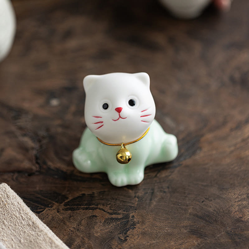 Buddha Stones Mini Lucky Cute Cat Light Green White Ceramic Figurine Decoration - image 6