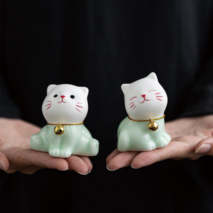 Buddha Stones Mini Lucky Cute Cat Light Green White Ceramic Figurine Decoration - image 0
