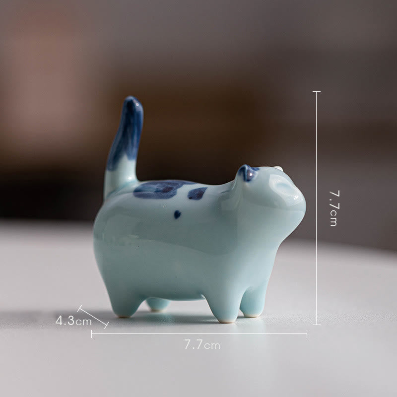 Buddha Stones Mini Lucky Cute Spotted Standing Cat Sleeping Kitten Ceramic Figurine Decoration - Blue Standing Cat 7.7*4.3*7.7cm - image 13