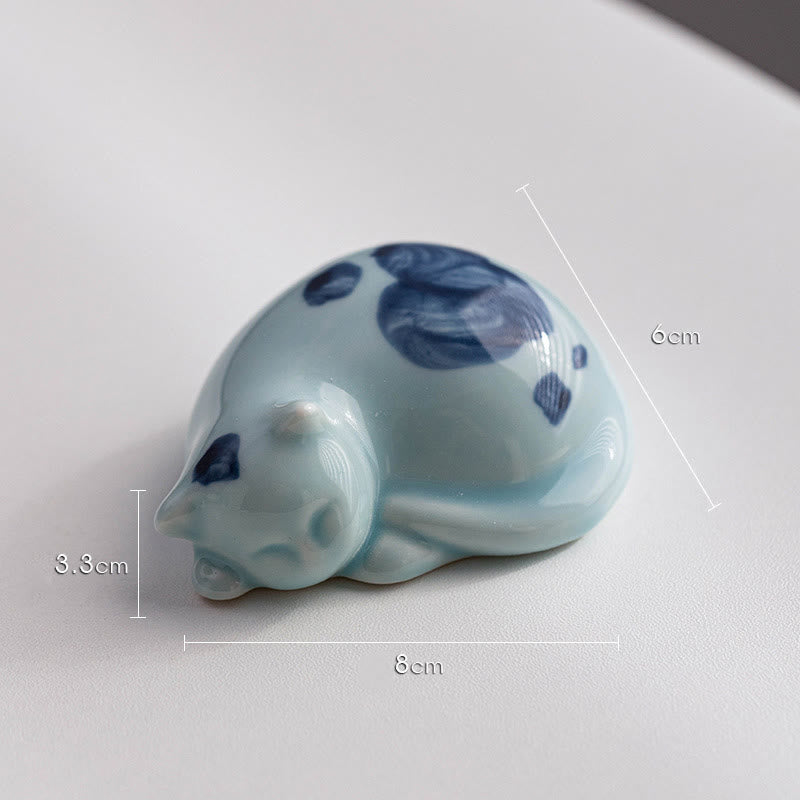Buddha Stones Mini Lucky Cute Spotted Standing Cat Sleeping Kitten Ceramic Figurine Decoration - Blue Sleeping Cat 8*6*3.3cm - image 22