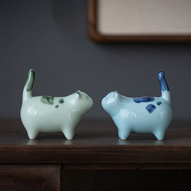 Buddha Stones Mini Lucky Cute Spotted Standing Cat Sleeping Kitten Ceramic Figurine Decoration - image 15