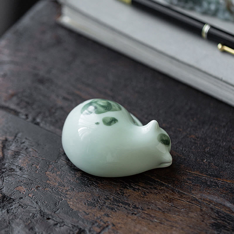 Buddha Stones Mini Lucky Cute Spotted Standing Cat Sleeping Kitten Ceramic Figurine Decoration - image 20