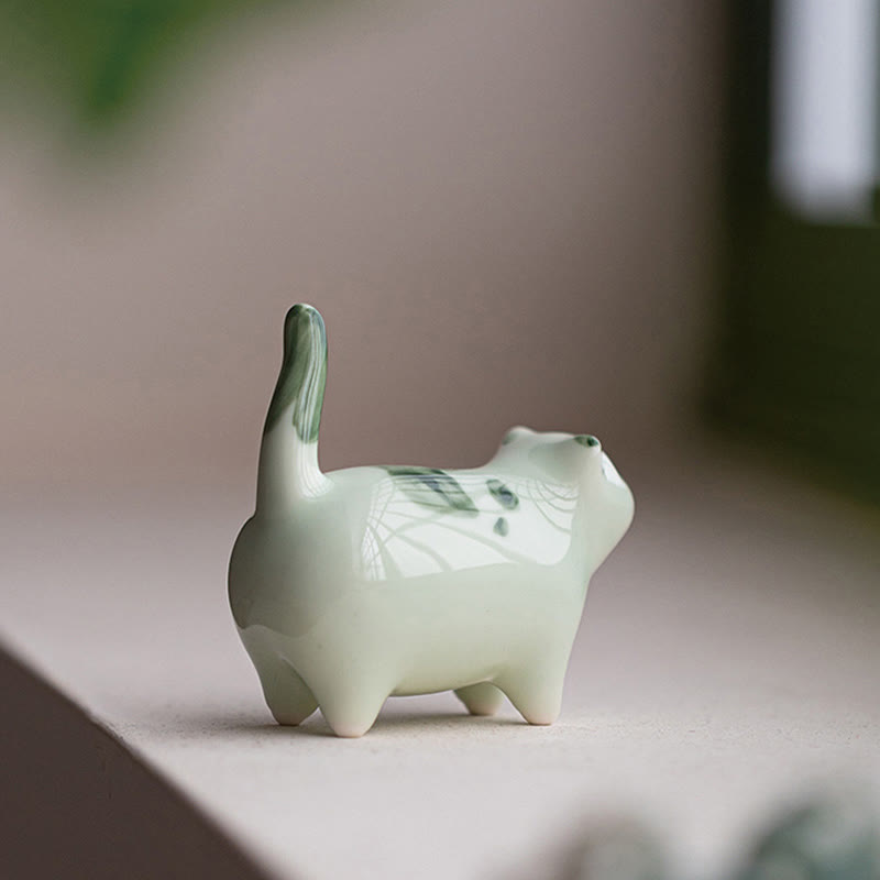 Buddha Stones Mini Lucky Cute Spotted Standing Cat Sleeping Kitten Ceramic Figurine Decoration - image 2