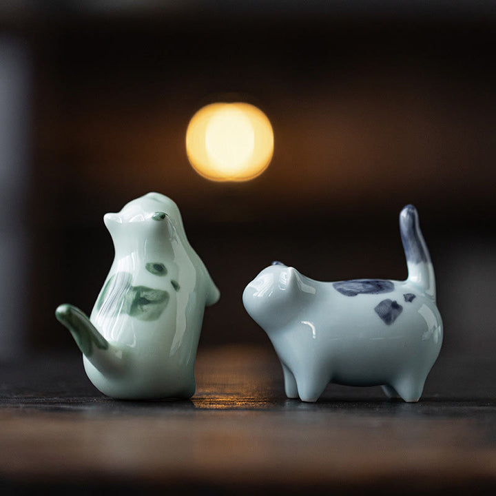 Buddha Stones Mini Lucky Cute Spotted Standing Cat Sleeping Kitten Ceramic Figurine Decoration - image 16