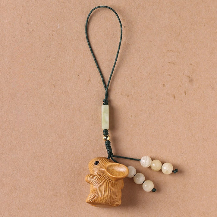 Buddha Stones Sandalwood Small Leaf Red Sandalwood Lucky Mini Rabbit Protection Key Chain Phone Hanging Decoration