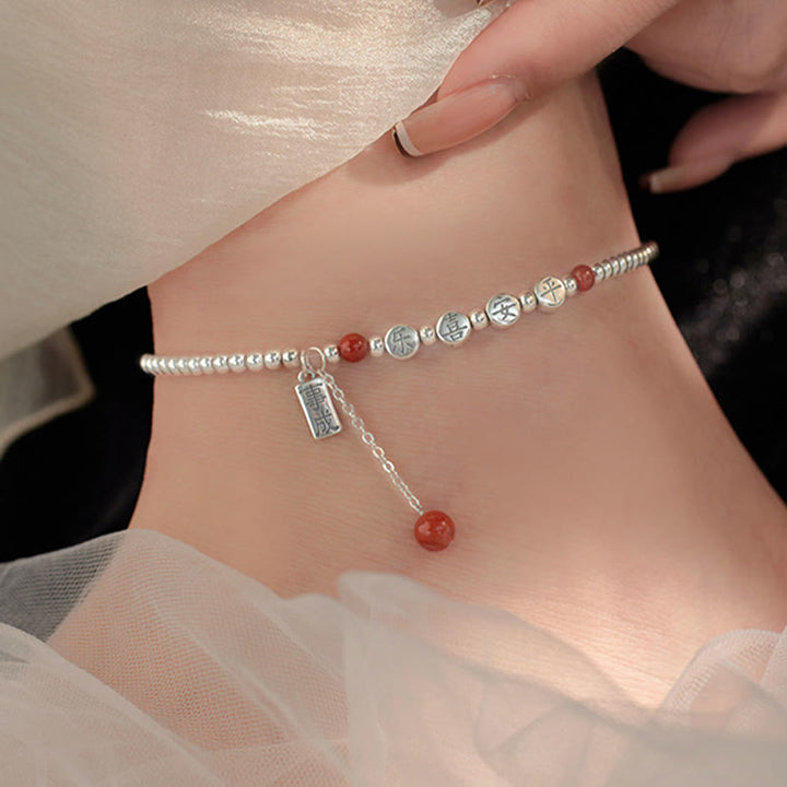 Buddha Stones 925 Sterling Silver Small Beads Red Agate Peace And Joy Blessing Anklet - image 4
