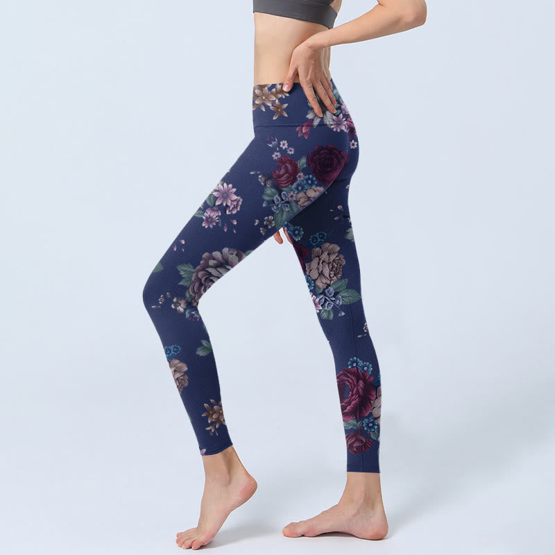 Buddha Stones Red Rose Peony Chrysanthemum Print Gym Leggings Women's Yoga Pants - image 2