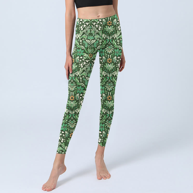 Buddha Stones Green Stitching Symmetrical Flower Leaf Pattern Print Gym Leggings Women's Yoga Pants - image 5
