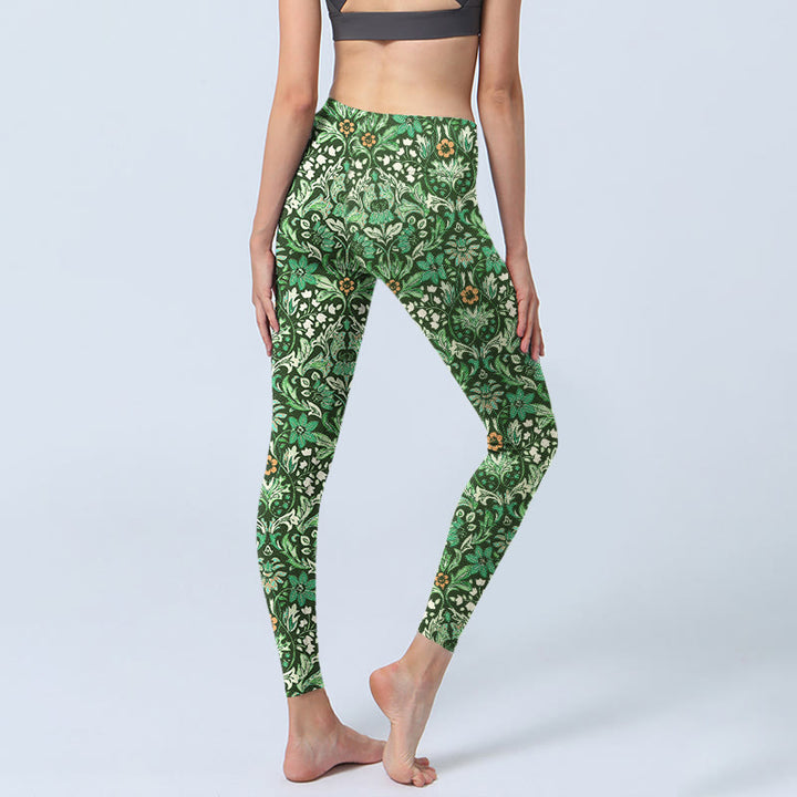 Buddha Stones Green Stitching Symmetrical Flower Leaf Pattern Print Gym Leggings Women's Yoga Pants - image 4