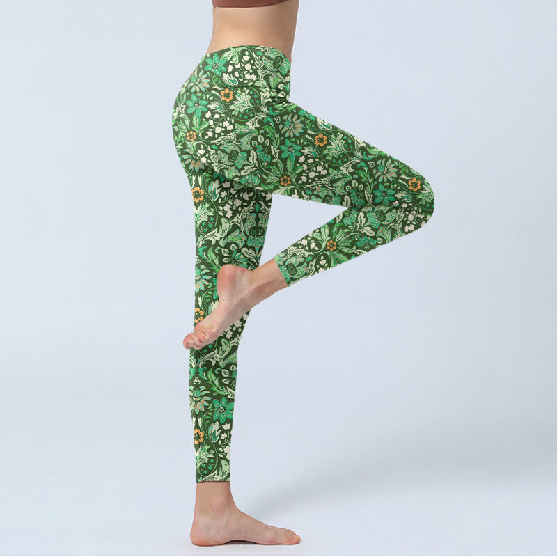 Buddha Stones Green Stitching Symmetrical Flower Leaf Pattern Print Gym Leggings Women's Yoga Pants - image 3