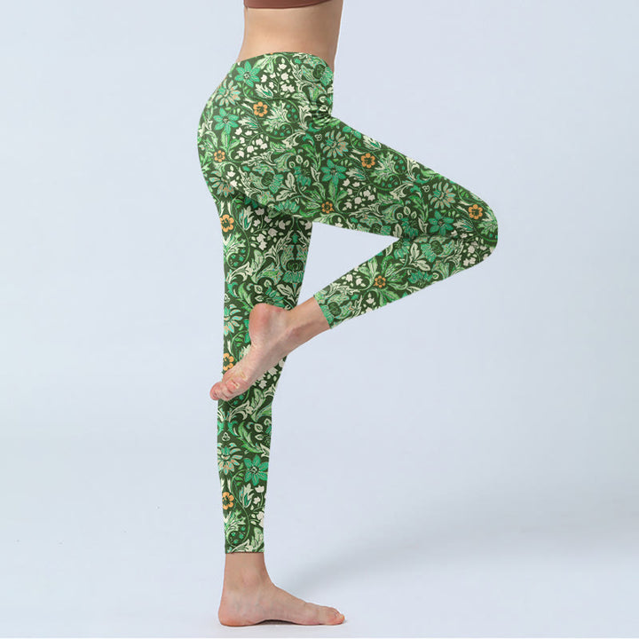 Buddha Stones Green Stitching Symmetrical Flower Leaf Pattern Print Gym Leggings Women's Yoga Pants - image 3