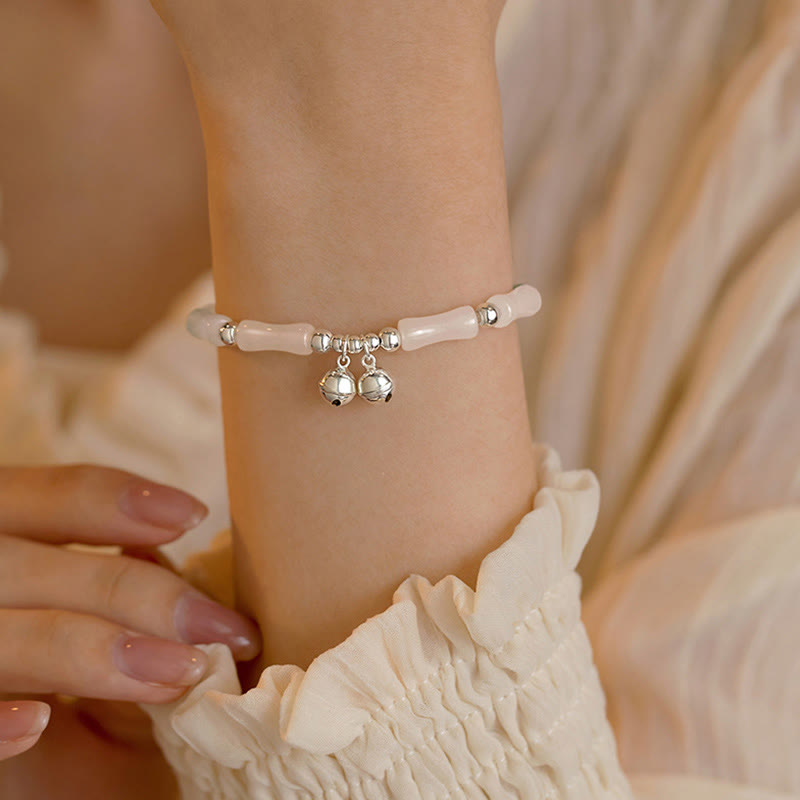 Buddha Stones 925 Sterling Silver Natural White Jade Bamboo Bell Charm Luck Happiness Bracelet - image 4
