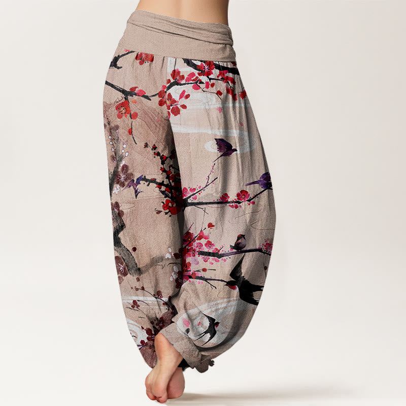 Buddha Stones Casual Plum Blossom Bird Mountain Pattern Women's Elastic Waist Harem Pants